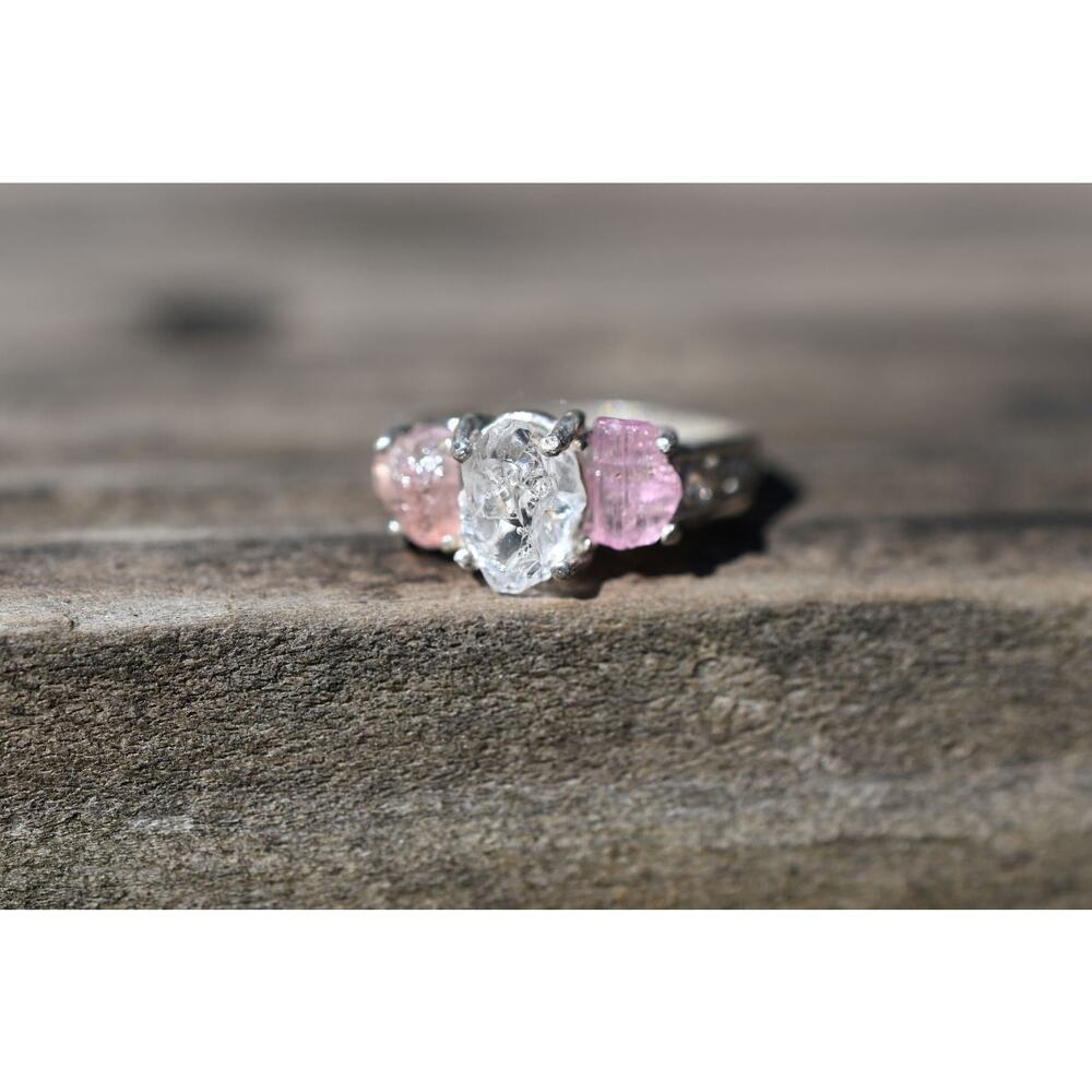 Pink tourmaline and diamond alternative sterling silver ring size 5